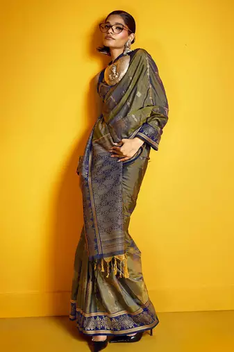 mehendi pure silk blend handloom zari weaving saree with blouse