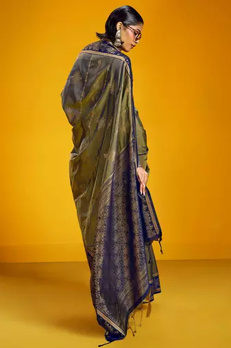 mehendi pure silk blend handloom zari weaving saree with blouse