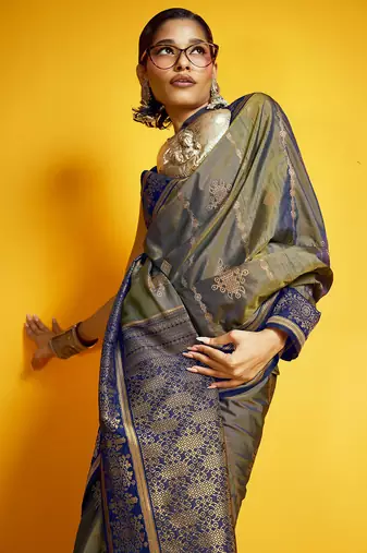 mehendi pure silk blend handloom zari weaving saree with blouse