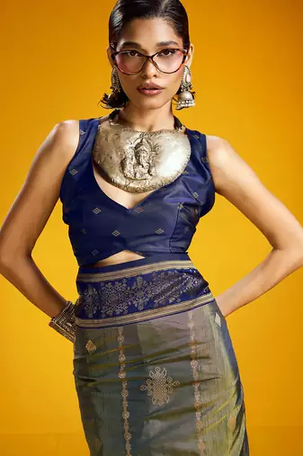 mehendi pure silk blend handloom zari weaving saree with blouse