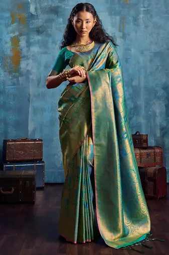 Teal silk handloom zari weaving saree with blouse