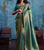 Teal silk handloom zari weaving saree with blouse