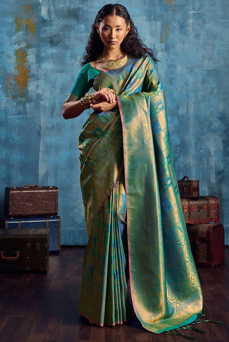 Teal silk handloom zari weaving saree with blouse