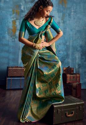teal silk blend handloom zari weaving saree with blouse 2