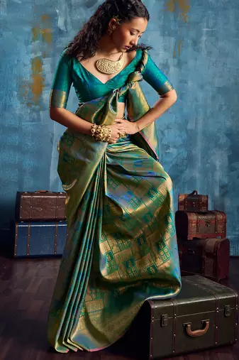 teal silk blend handloom zari weaving saree with blouse
