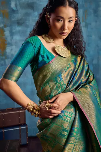 teal silk blend handloom zari weaving saree with blouse