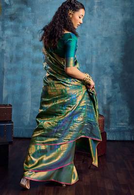 teal silk blend handloom zari weaving saree with blouse 4