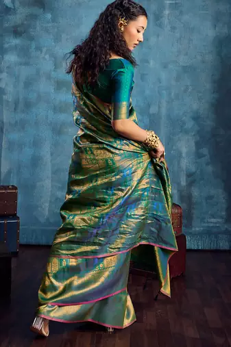 teal silk blend handloom zari weaving saree with blouse