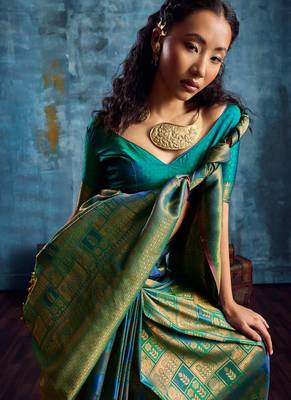 teal silk blend handloom zari weaving saree with blouse 5