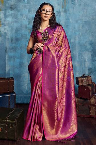 Magenta silk handloom zari weaving saree with blouse