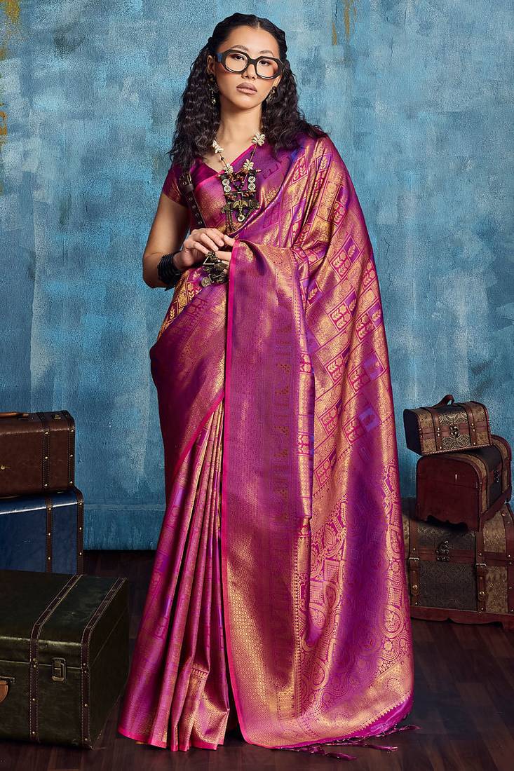 Magenta silk handloom zari weaving saree with blouse