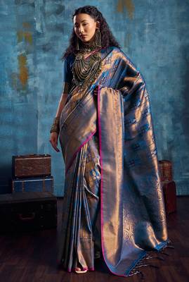 blue silk blend handloom zari weaving saree with blouse 1