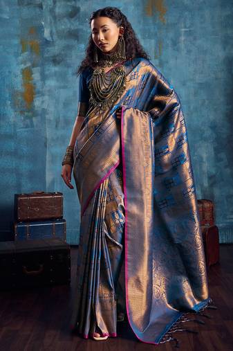 Blue silk handloom zari weaving saree with blouse