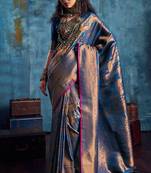 Blue silk handloom zari weaving saree with blouse