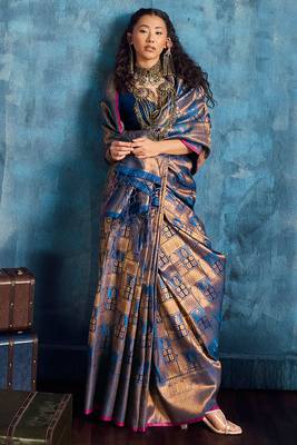 blue silk blend handloom zari weaving saree with blouse 2