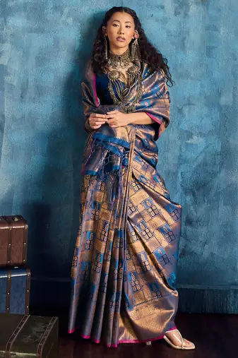 blue silk blend handloom zari weaving saree with blouse