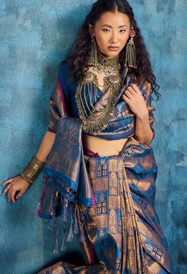 blue silk blend handloom zari weaving saree with blouse 3