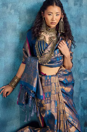 blue silk blend handloom zari weaving saree with blouse