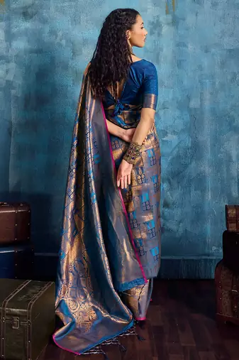 blue silk blend handloom zari weaving saree with blouse