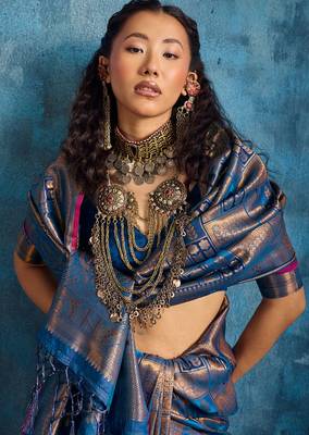 blue silk blend handloom zari weaving saree with blouse 5
