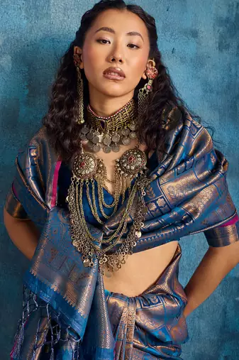 blue silk blend handloom zari weaving saree with blouse