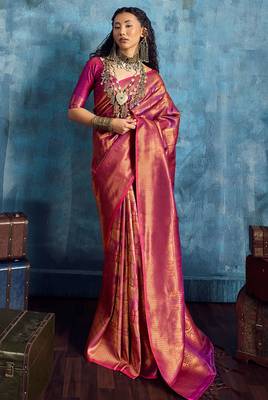 magenta silk blend handloom zari weaving saree with blouse 1