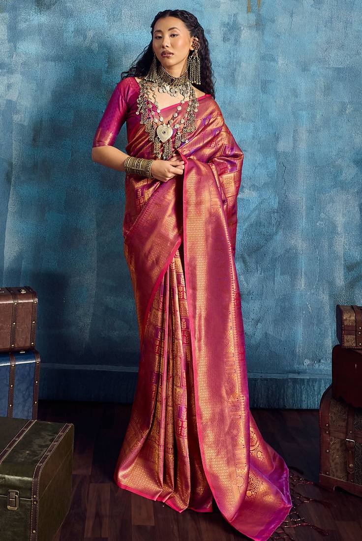 Magenta silk handloom zari weaving saree with blouse