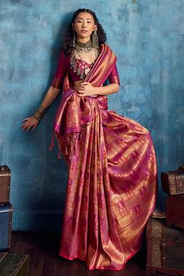 magenta silk blend handloom zari weaving saree with blouse 2