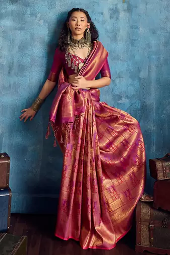 magenta silk blend handloom zari weaving saree with blouse