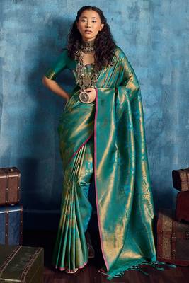 aqua blue silk blend handloom zari weaving saree with blouse 1