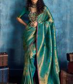 Aqua blue silk handloom zari weaving saree with blouse
