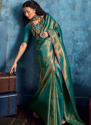 aqua blue silk blend handloom zari weaving saree with blouse 2