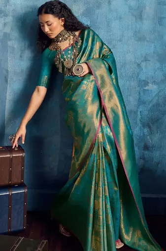 aqua blue silk blend handloom zari weaving saree with blouse