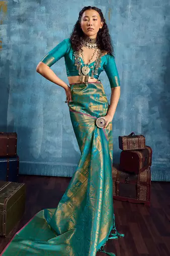 aqua blue silk blend handloom zari weaving saree with blouse