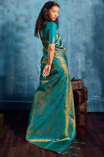 aqua blue silk blend handloom zari weaving saree with blouse
