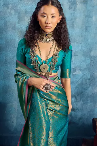 aqua blue silk blend handloom zari weaving saree with blouse
