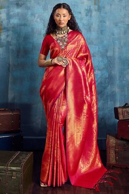 dark pink silk blend handloom zari weaving saree with blouse 1