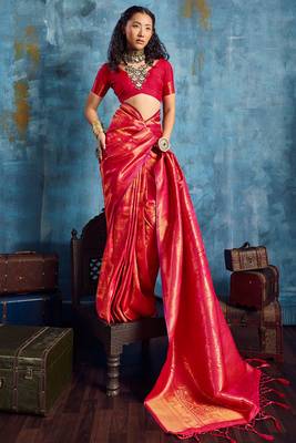 dark pink silk blend handloom zari weaving saree with blouse 2