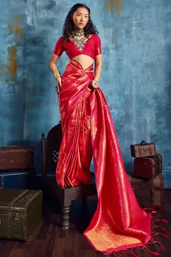 dark pink silk blend handloom zari weaving saree with blouse