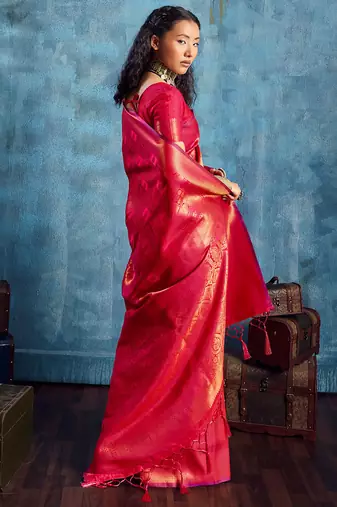 dark pink silk blend handloom zari weaving saree with blouse