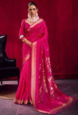 rani pink satin linen silk blend handloom zari weaving saree with blouse 1