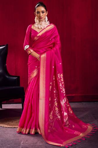 Rani pink satin linen silk handloom zari weaving saree with blouse