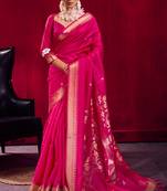 rani pink satin linen silk blend handloom zari weaving saree with blouse