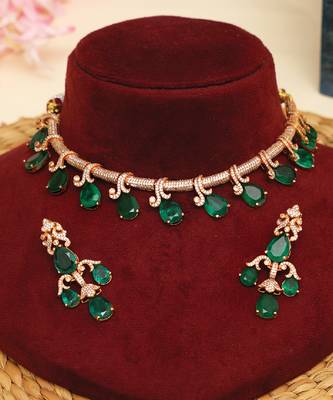 Zircon studded green stones choker necklace set 1