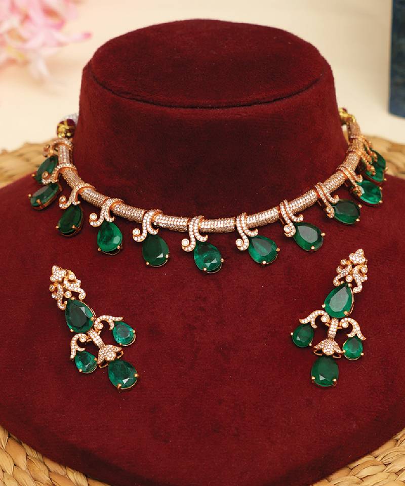 Zircon studded green stones choker necklace set