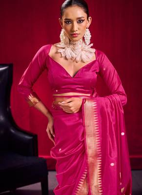rani pink satin linen silk blend handloom zari weaving saree with blouse 2