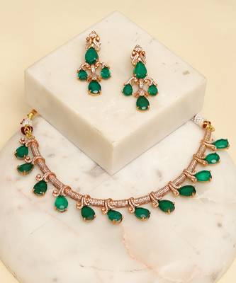 Zircon studded green stones choker necklace set 2