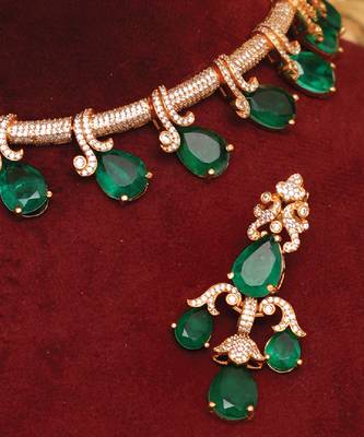 Zircon studded green stones choker necklace set 4