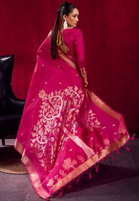 rani pink satin linen silk blend handloom zari weaving saree with blouse 3