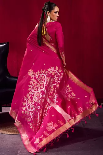 rani pink satin linen silk blend handloom zari weaving saree with blouse